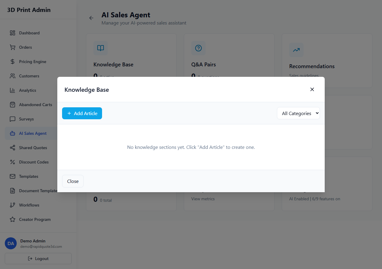 RapidQuote3D AI Sales Agent Knowledge Base section showing document upload and knowledge entry management