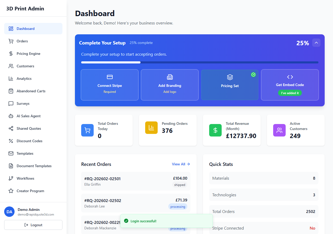 RapidQuote3D dashboard with onboarding checklist, stat cards for orders and revenue, recent orders list, and quick stats