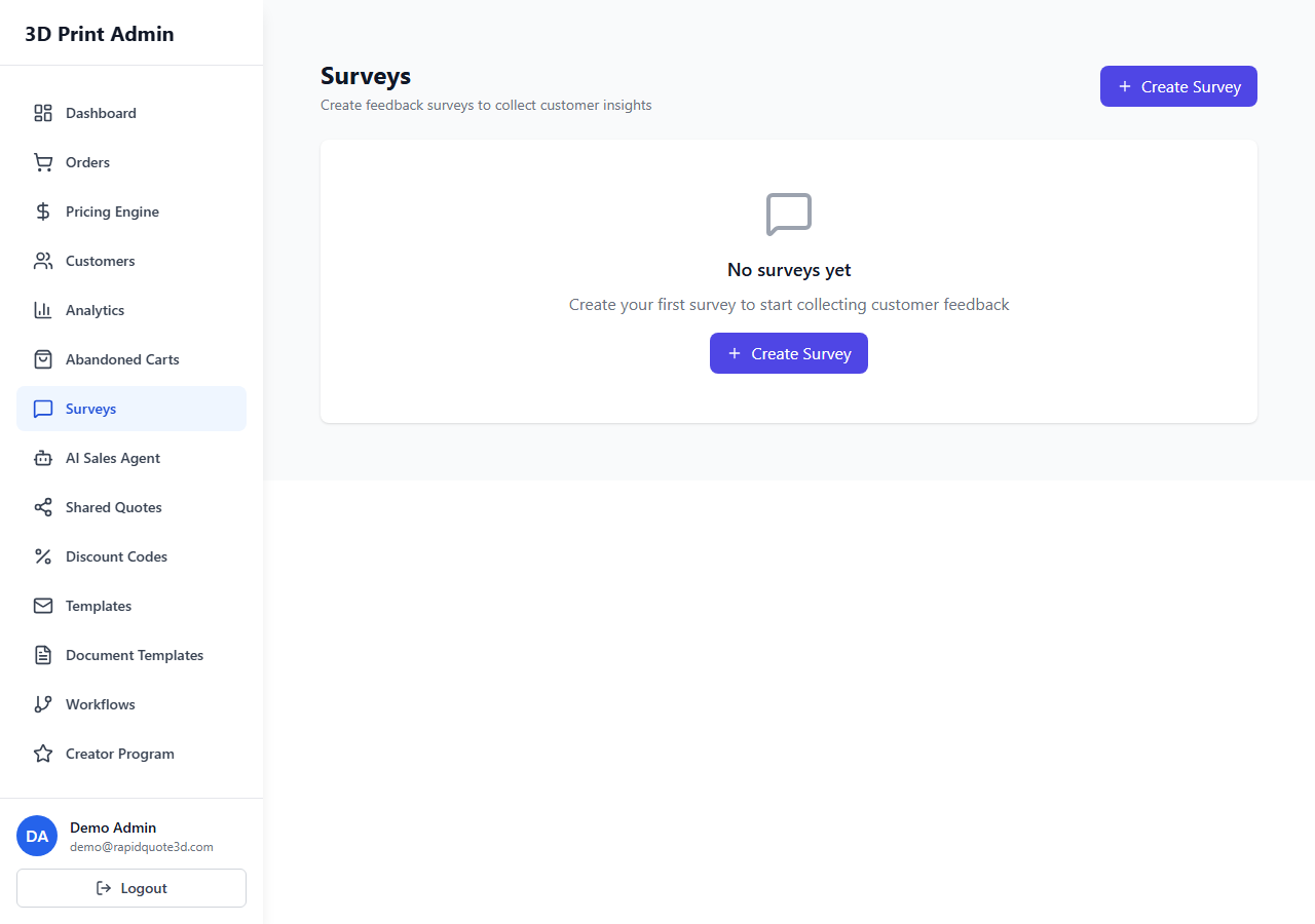 RapidQuote3D Surveys page showing feedback discount configuration with discount type and amount settings