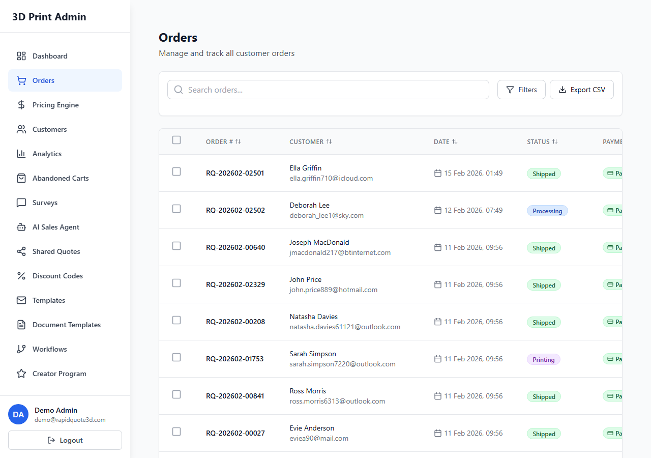 RapidQuote3D Orders page showing multi-select checkboxes and the export CSV functionality