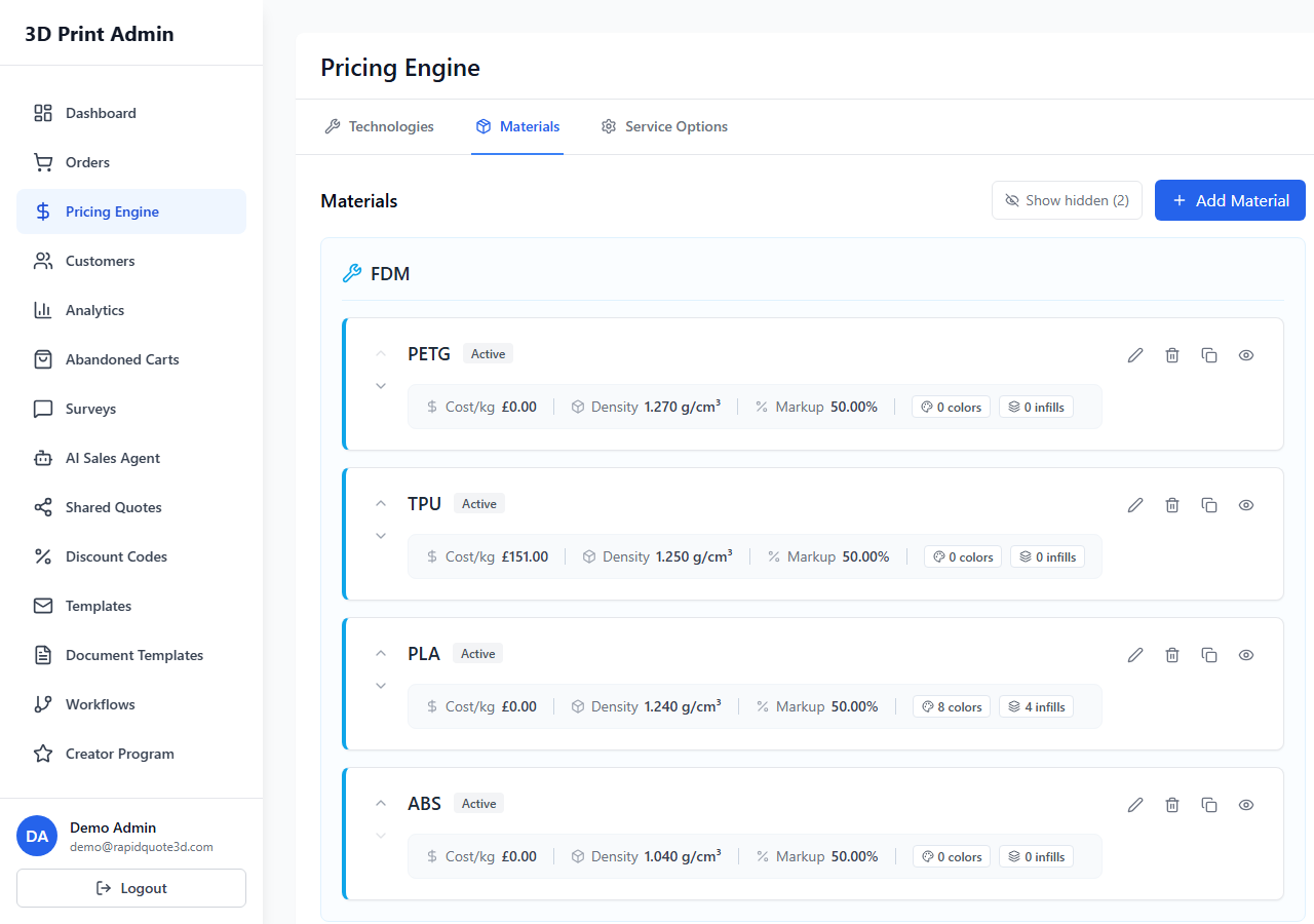 RapidQuote3D Pricing Engine showing the Materials tab with material cards grouped by technology