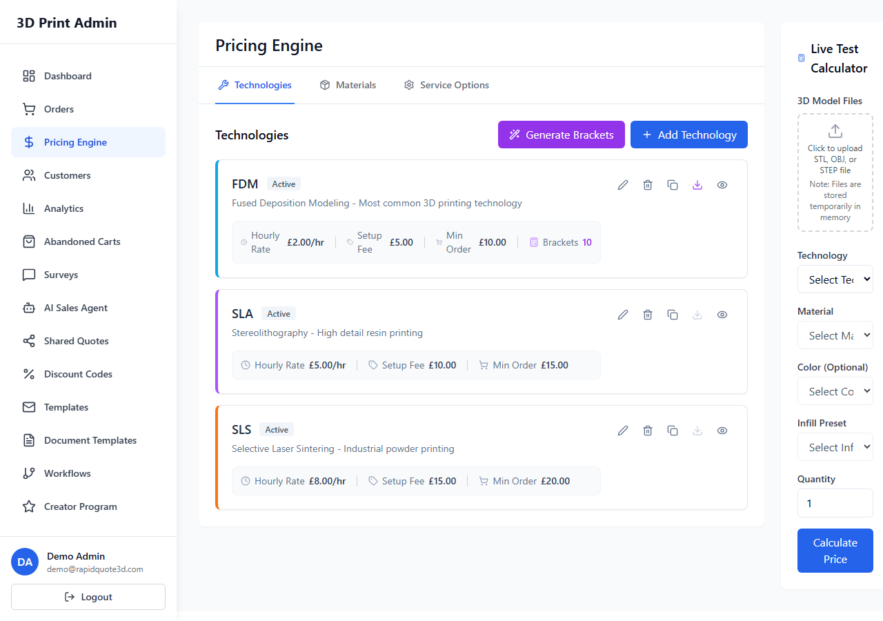 RapidQuote3D Pricing Engine showing the Generate Brackets button and technology pricing configuration