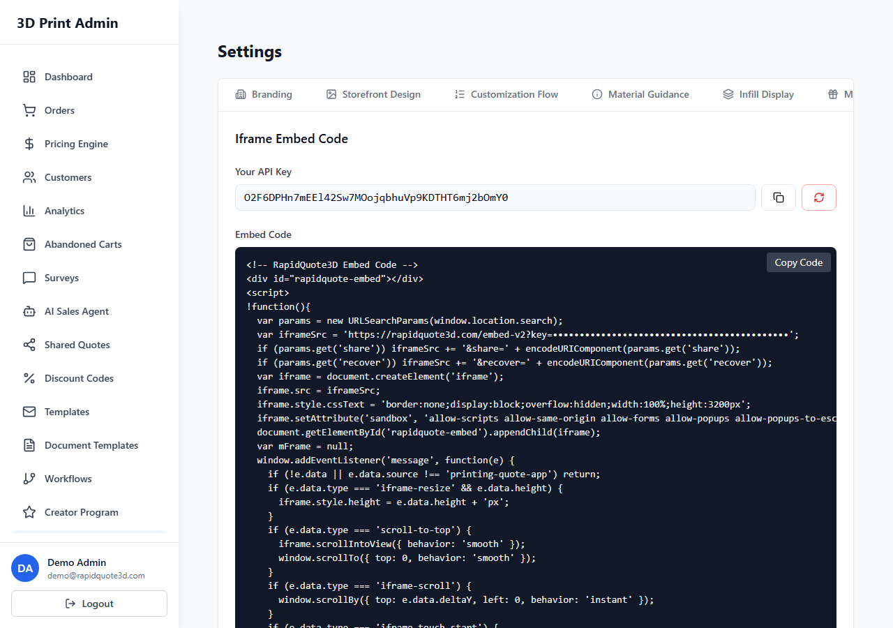 RapidQuote3D Settings Integration Keys tab showing API keys, webhook configuration, and third-party connections