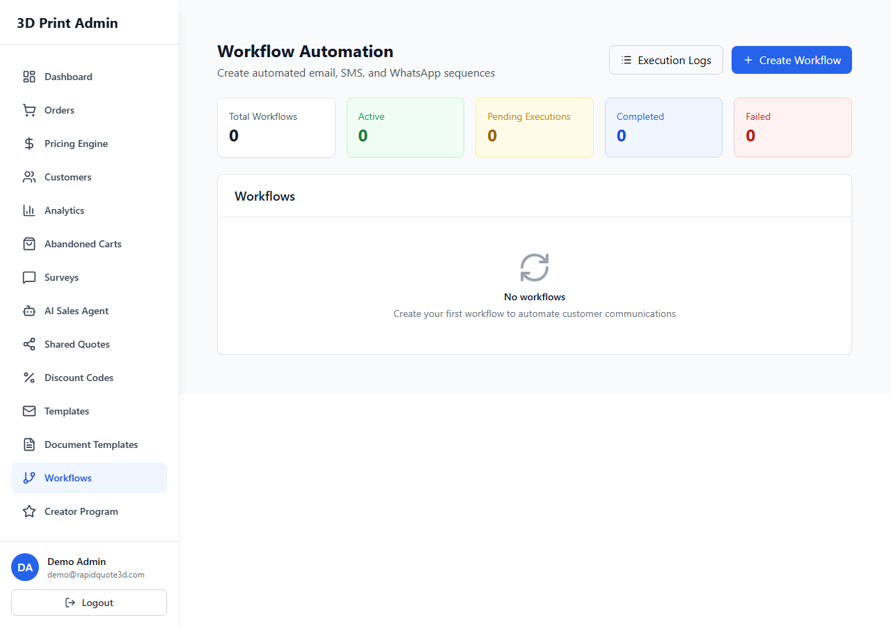 RapidQuote3D Workflows page showing workflow action configuration with email, SMS, and status change options